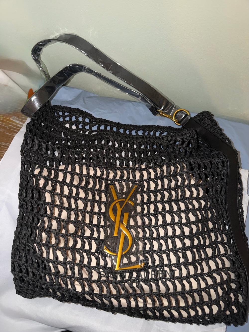 Black crochet woven beach bag NEW